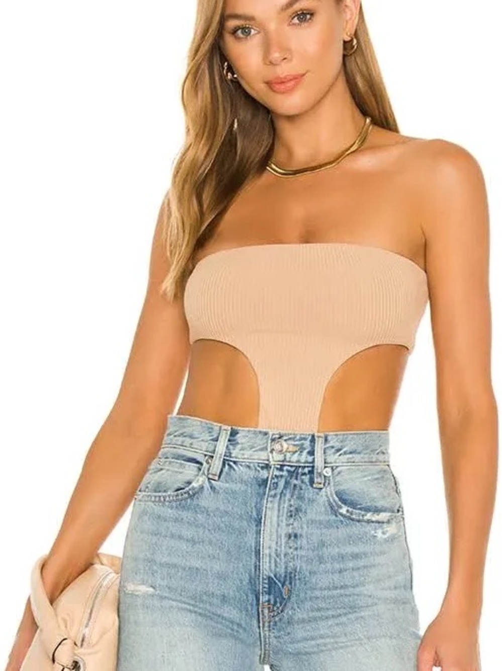 Superdown Ribbed Strapless Cutout Bodysuit in Nude